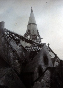 Photo showing the aftermath of a fire which destroyed a large part of the roof.